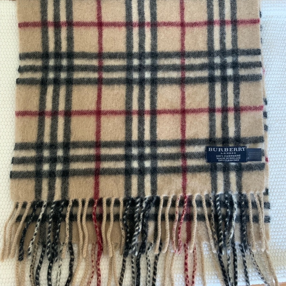 Burberry Cashmere Classic Tan and Red Plaid Scarf (Women’s)